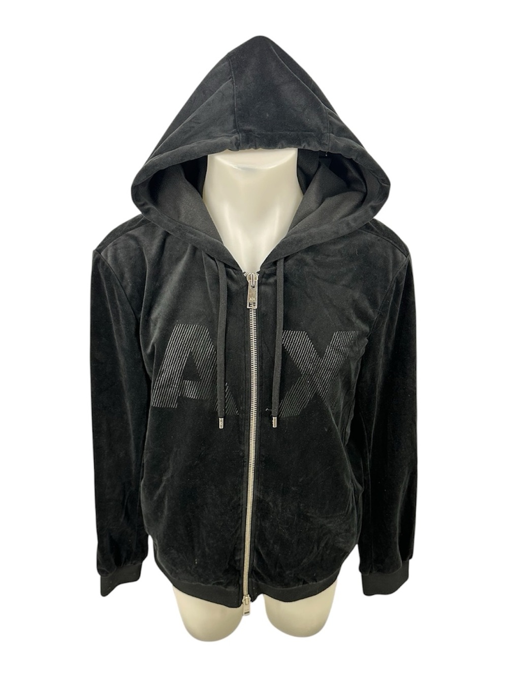 Armani Exchange Black Velour Zip Hoodie with Silver Hardware